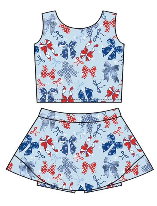 ( Moq 5 ) Baby Girls Kids Sleeveless Bows 4th of July Tops Skirt Shorts Set Clothes