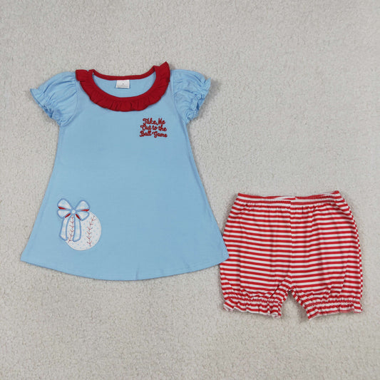 Baby Girls Kids Embroidery Baseball Bows Blue Tops Stripes Shorts Summer Set RTS