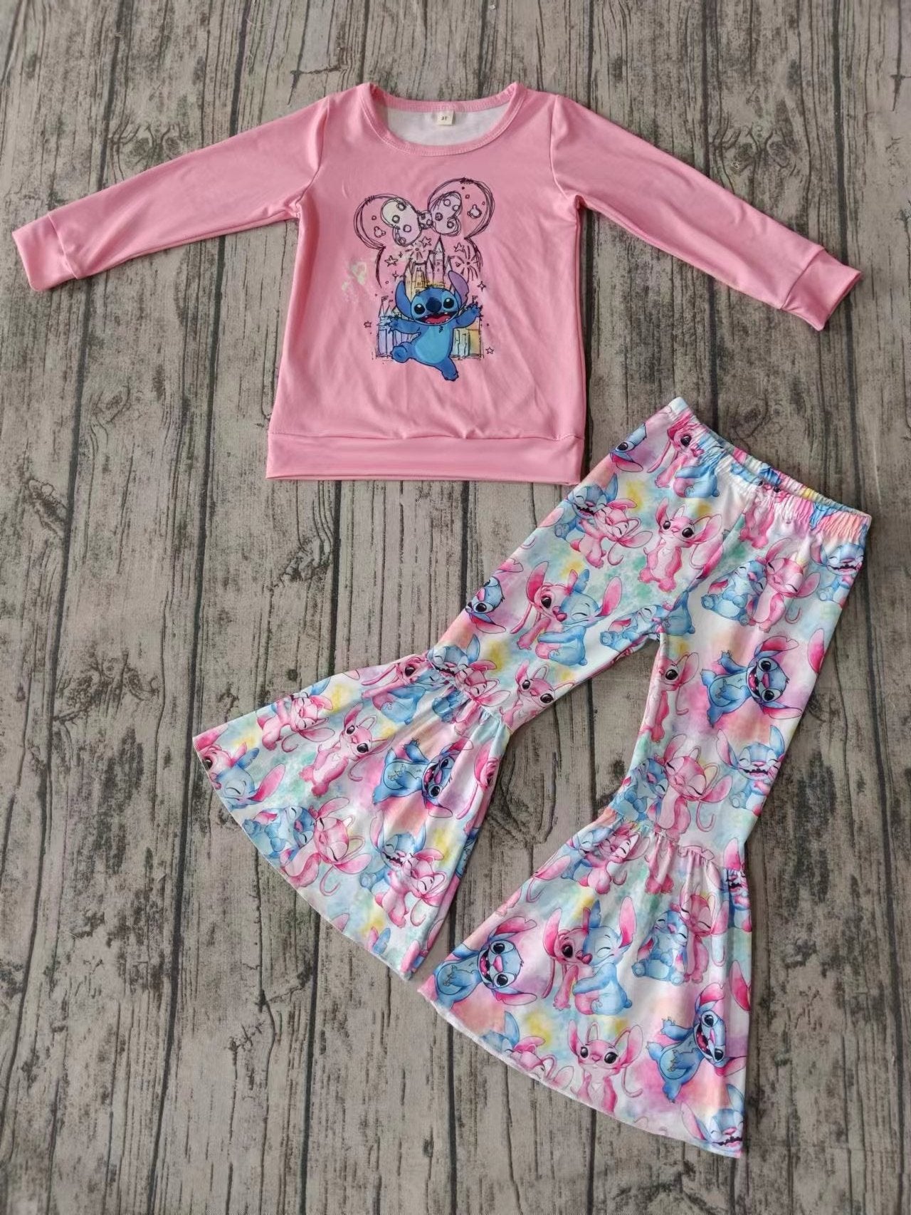 Baby Girl Long Sleeves Cartoon Pink Shirt Bell Pants Set Moq 5