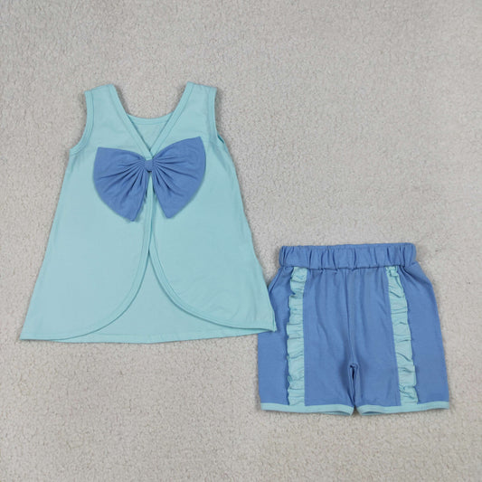 Baby Girls Kids Sleeveless Blue Bows Tops Ruffle Shorts Set Clothes RTS