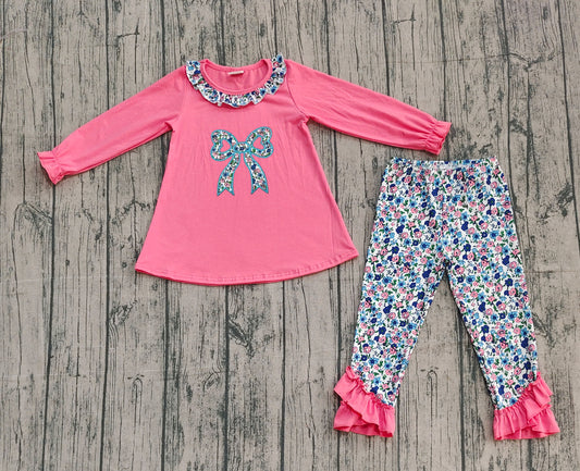 ( No moq ) Preorder Girls Kids Long Sleeves Embroidery Bows Ruffle Tunic Floral Pants Clothes Set
