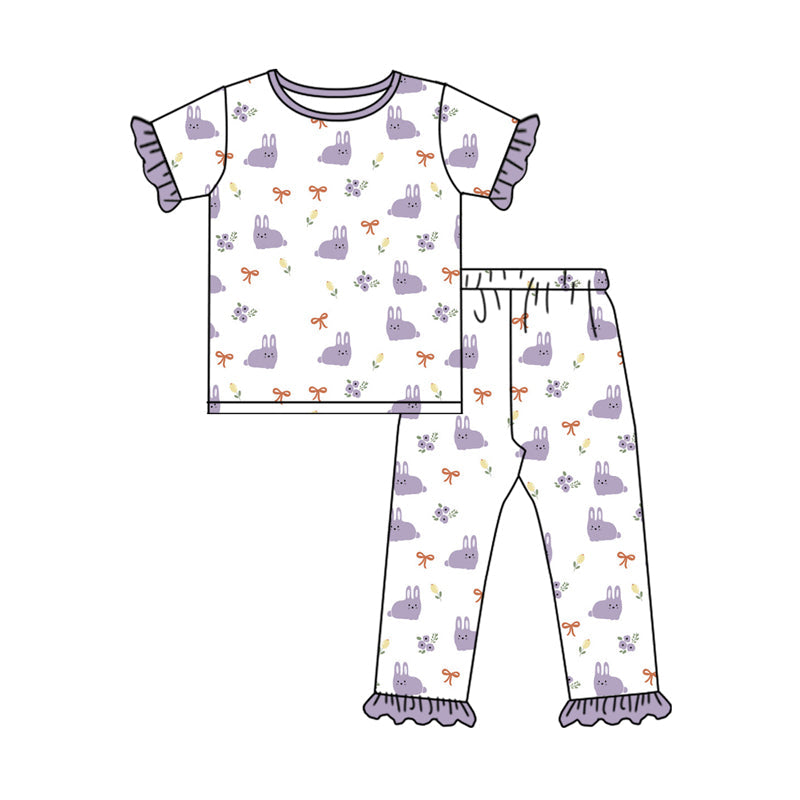 Baby Girl Short Sleeves Easter Rabbit Bows Floral Shirt Pants Pajamas Set Moq 5