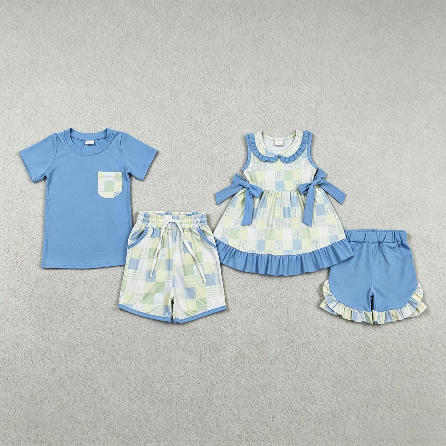 Sibling Baby Boys Girls Kids Plaid Tops Shorts Summer Blue Clothes Summer Sets RTS