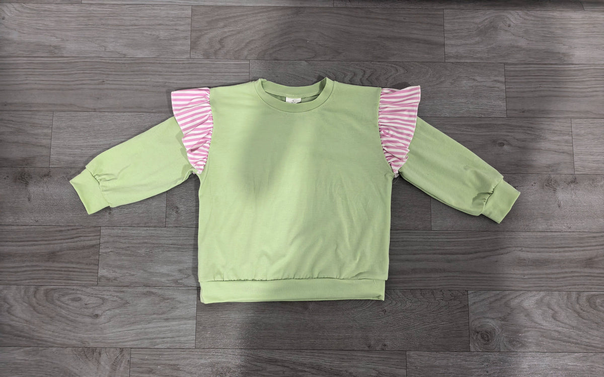 ( No moq ) Preorder Baby Girls Toddler Stripes Ruffle Long Sleeves Green Shirt Cotton Clothes