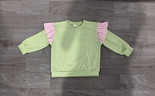 ( No moq ) Preorder Baby Girls Toddler Stripes Ruffle Long Sleeves Green Shirt Cotton Clothes
