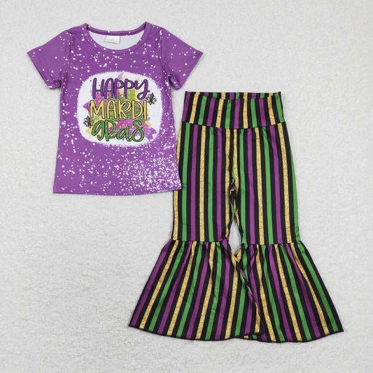 GSPO1393 Mardi Gras Baby Girl Purple Short Sleeves Shirt Stripes Bell Pants Set