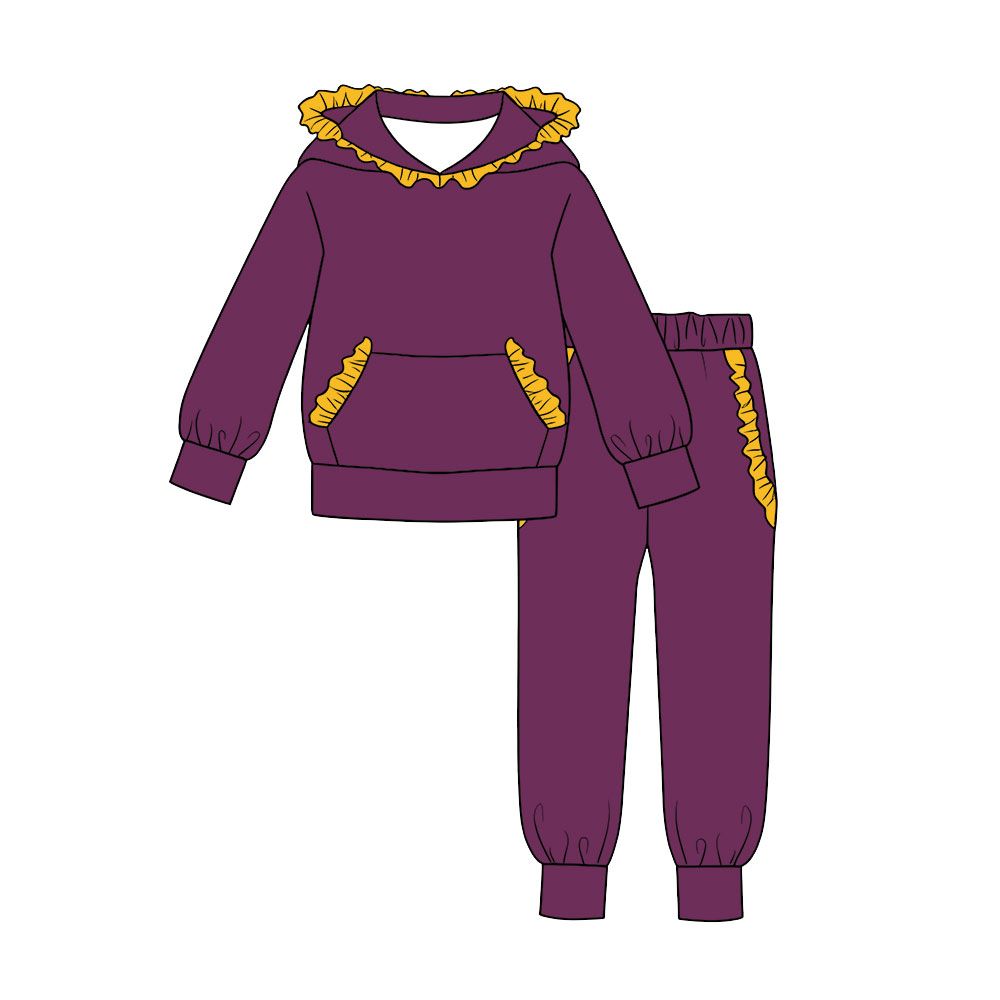 ( Moq 5 ) Preorder Baby Girls Kids Yellow Ruffle Hoodie Pullover Pockets Pants Purple Set Cotton Clothes