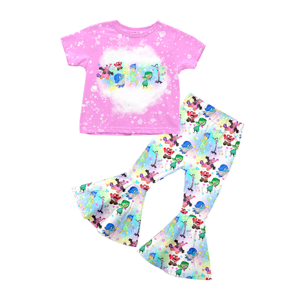 Baby Girl Short Sleeves Pink Shirt Tie-dye Cartoon Movie Bell Pants Set