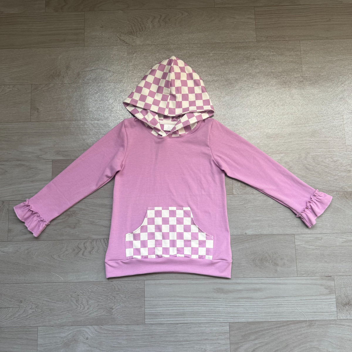 ( No moq ) Preorder Baby Girls Kids Purple Hoodie Checked Pocket Pullover Tops Clothes