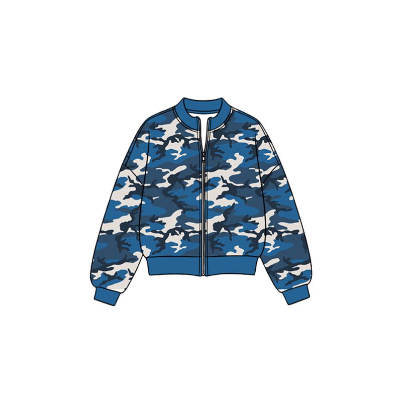 ( Moq 5 ) Preorder Baby Girls Kids Long Sleeves Zipper Yoga Jacket Blue Camo Coat Tops Hunting Clothes