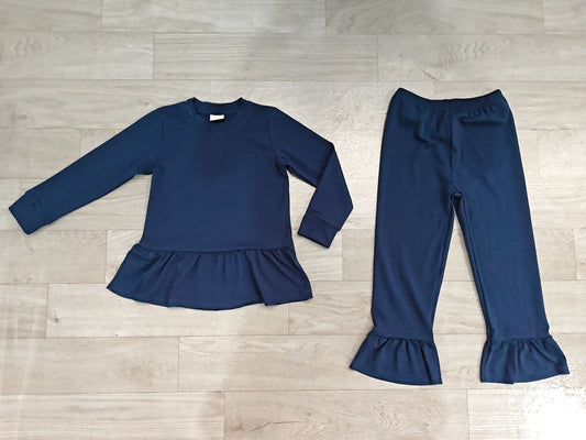 ( No moq ) Preorder Baby Girls Kids Long Sleeves Ruffle Tops Pants Black Set Cotton Clothes