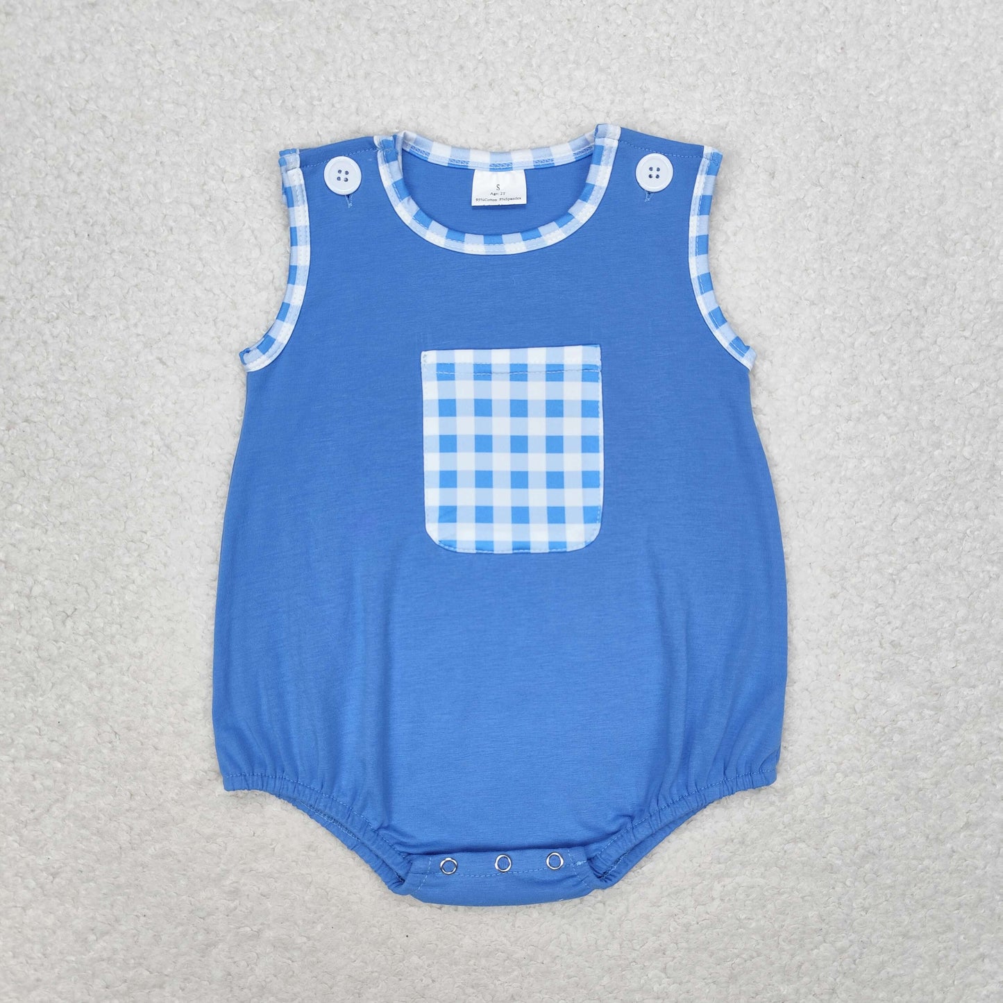 Baby Boy Blue Sleeveless Plaid Pocket Cotton Romper