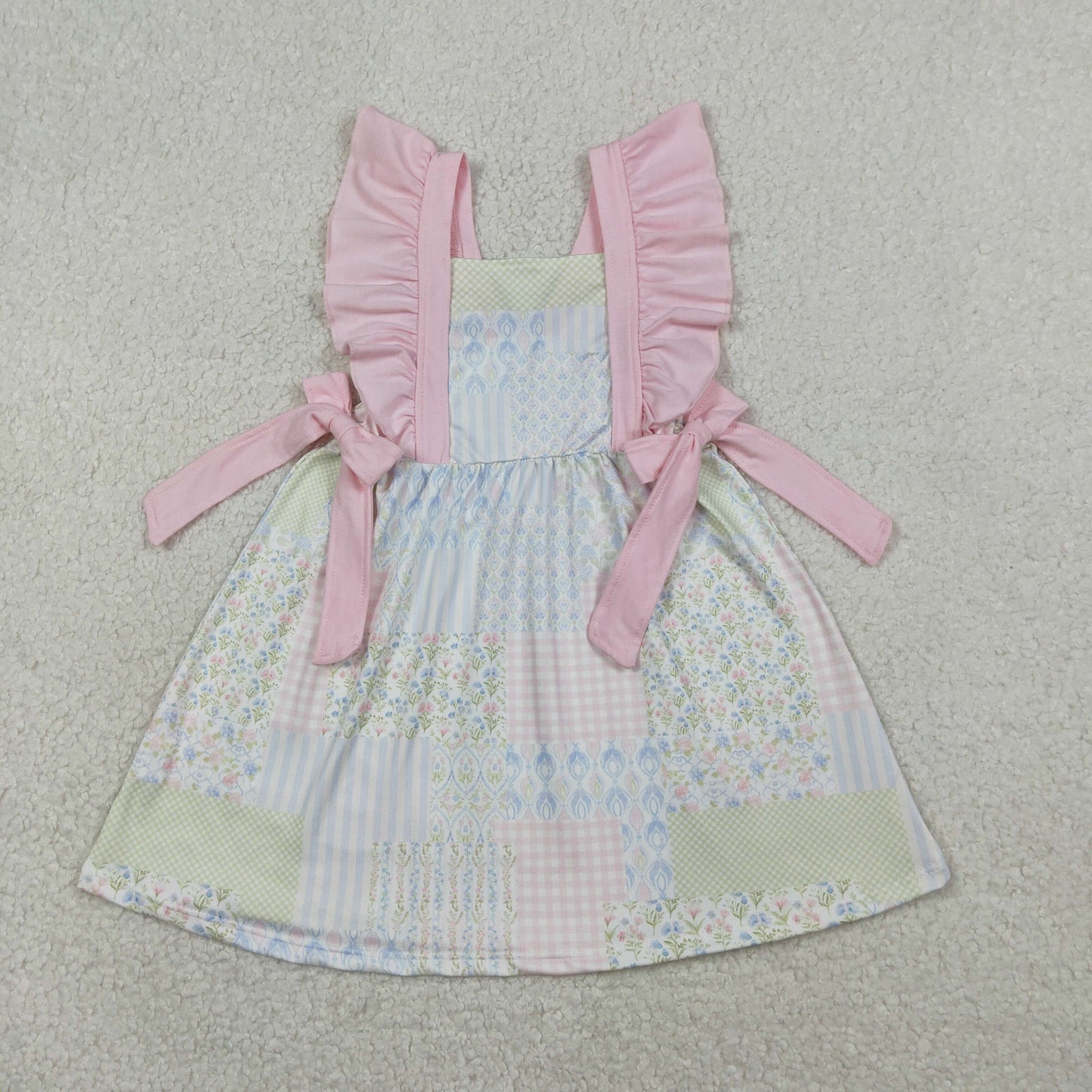 Baby Girls Short Sleeves Floral Pink Bows Knee Length Dress RTS
