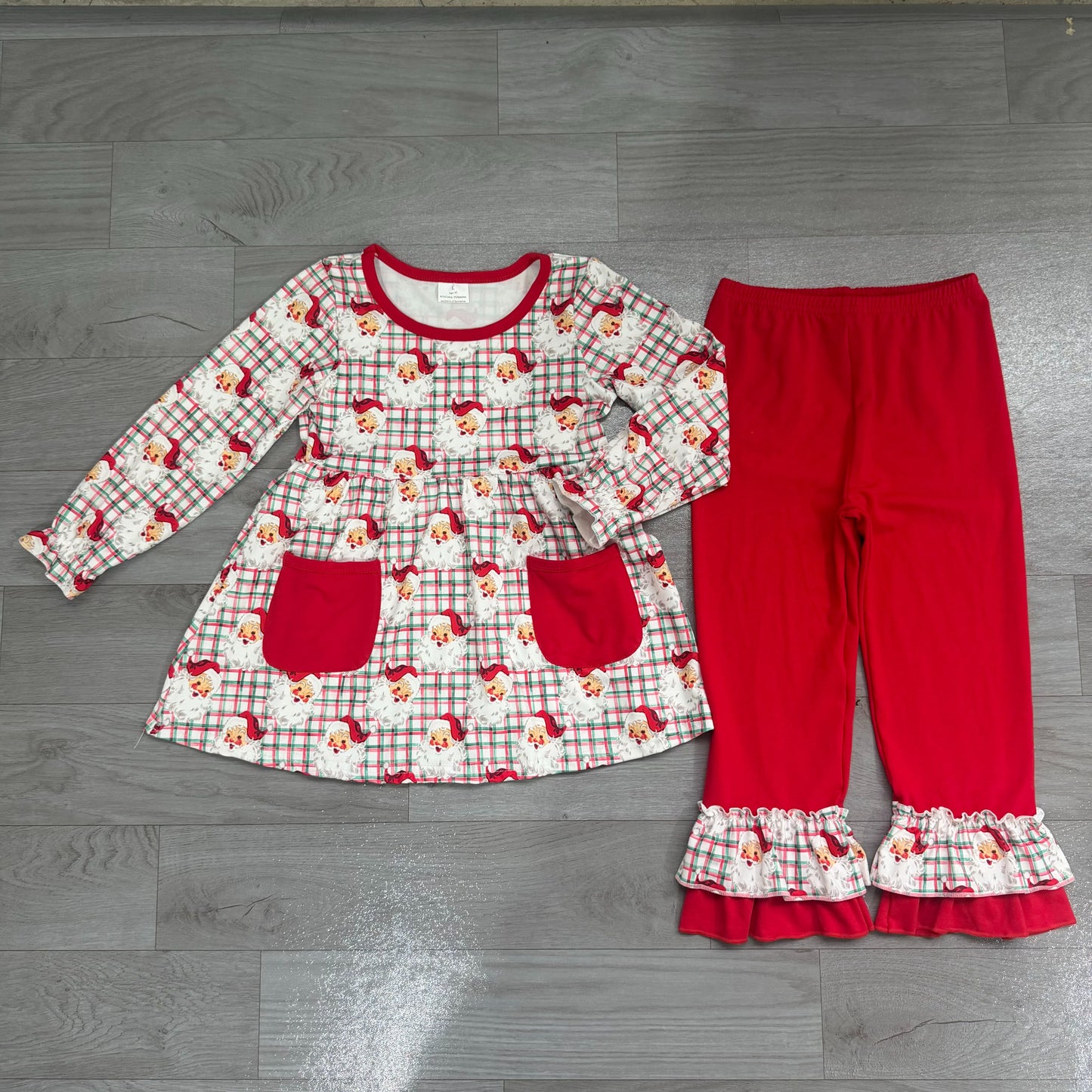 ( No moq ) Preorder Baby Girl Kids Christmas Santa Plaid Pockets Tunic Red Pants Set Clothes