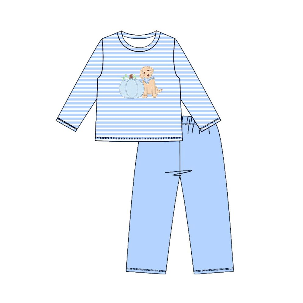 ( Moq 5 ) Preorder Baby Boys Kids Long Sleeves Pumpkin Dog Shirt Blue Pants Set Fall Clothes