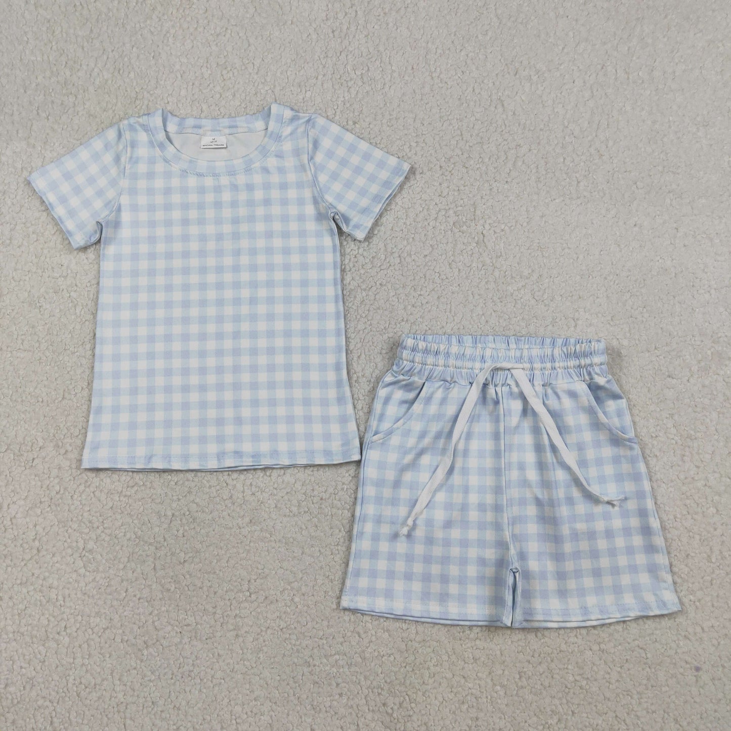 Baby Boys Kids Short Sleeves Blue Plaid Shirt Pockets Shorts Summer Clothes Set RTS