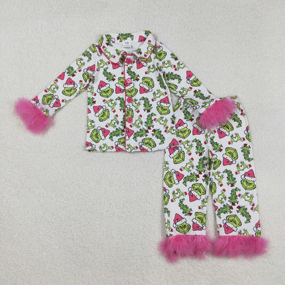 Sibling Girls Kids Adult Women Green Face Buttons Fur Shirt Pants Mom and Me Christmas Pajamas Set RTS