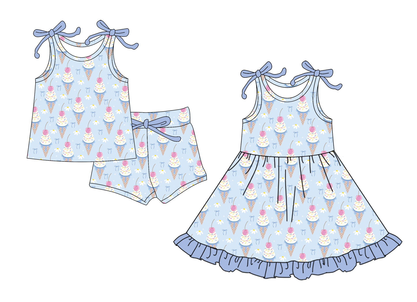 ( Moq 5 Each Style ) Baby Girls Kids Summer Sleeveless Bows Popsicle Sibling Dress Set