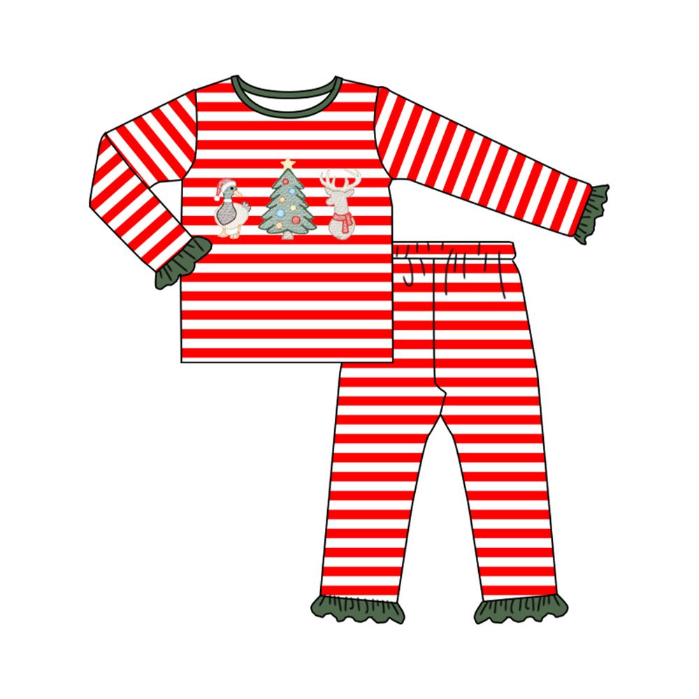 ( Moq 5 ) Preorder Baby Girl Kids Long Sleeves Deer Duck Shirt Red Stripes Pants Set Christmas Pajamas Clothes