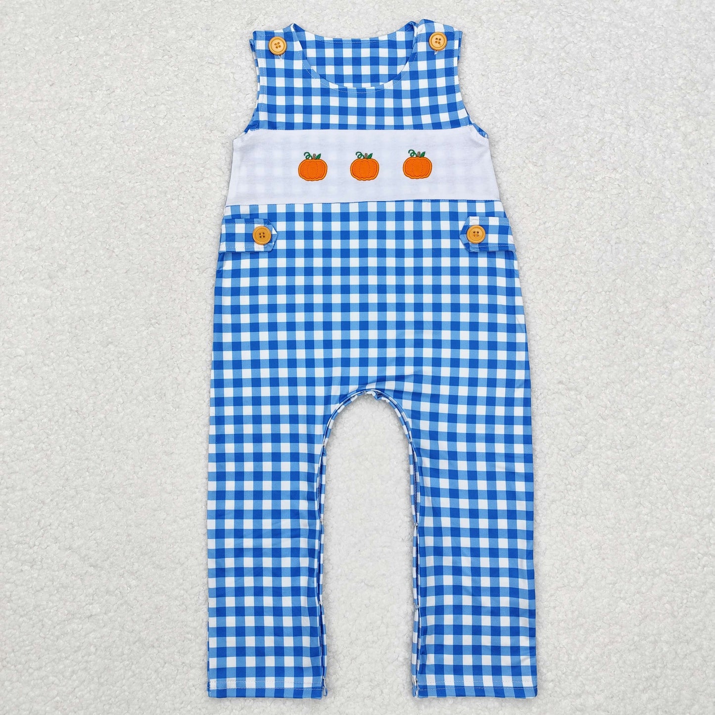 Baby Boy Blue Checkered Embroidery Pumpkin Romper