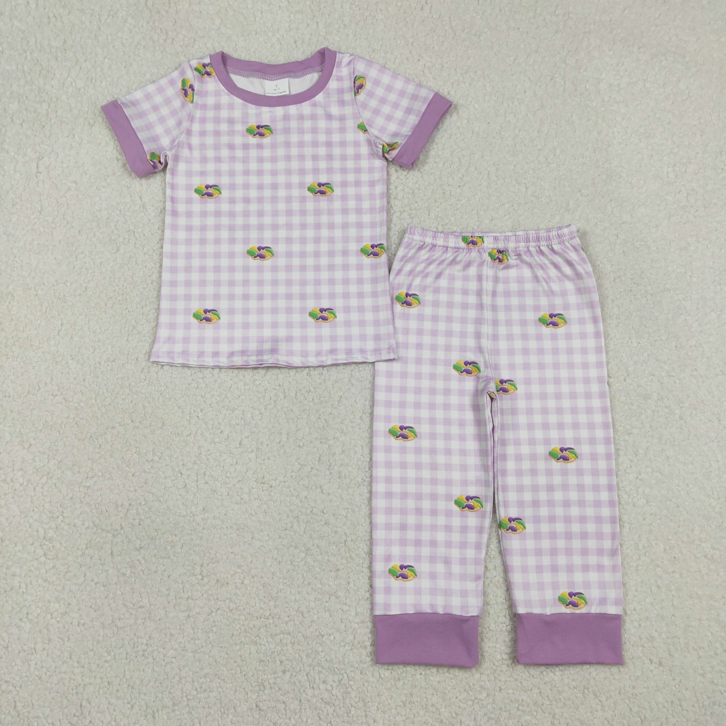 Baby Boys Donuts Shirt Purple Plaid Embroidery Pants Pajamas Mardi Gras Set RTS