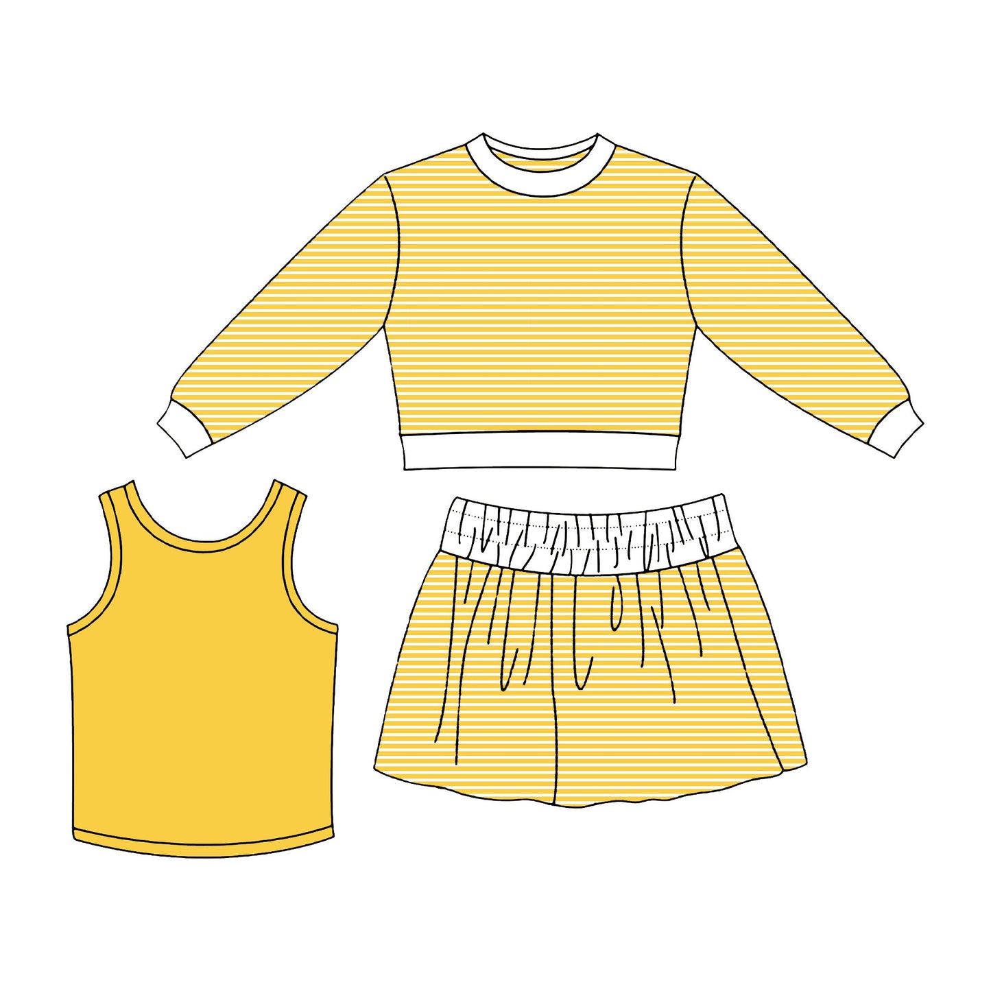 ( Moq 5 ) Preorder Baby Girl Kids Yellow Tops Skirt Shorts Three Pieces Stripes Set Yoga Active Clothes