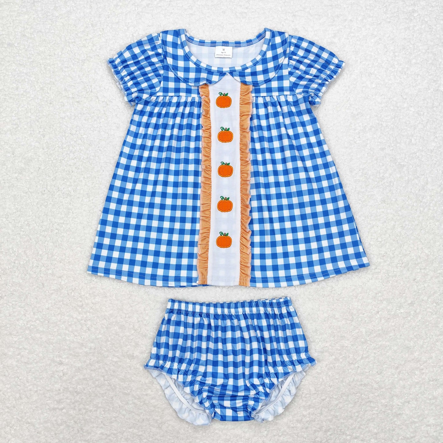 Baby Girl Blue Checkered Embroidery Pumpkin Tunic Bummie Set