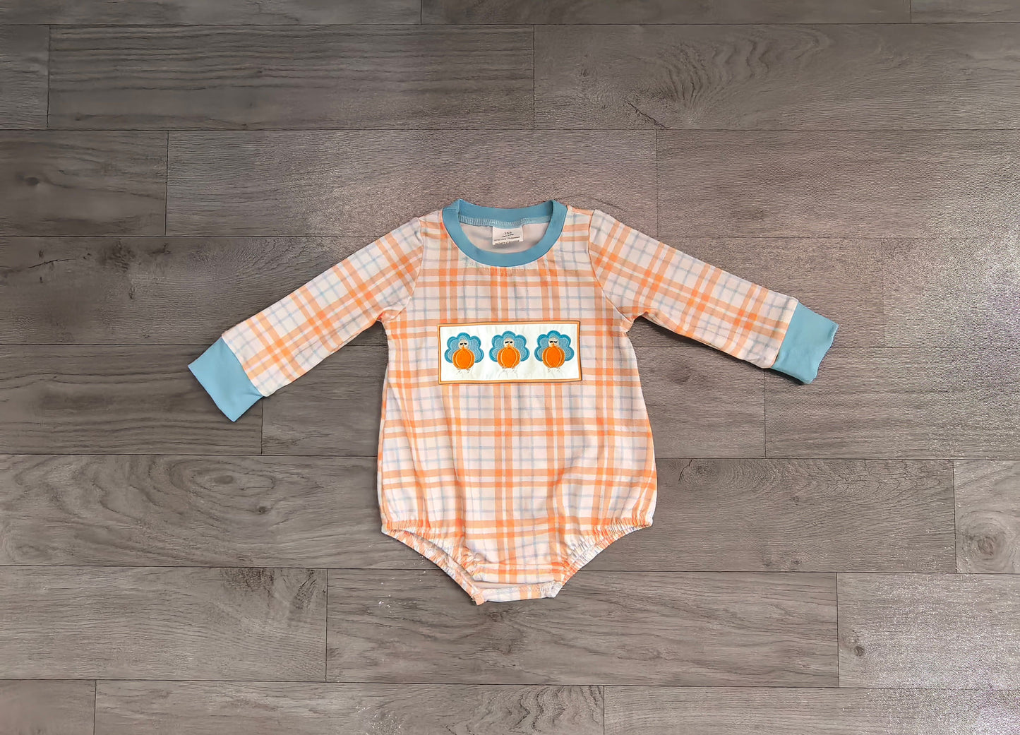 ( No moq ) Preorder Baby Boy Kids Long Sleeves Embroidery turkey Pumpkins Plaid Romper Fall Clothes