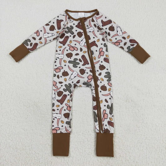 Baby Boy Long Sleeves Pumpkins Western Cow Boots Cactus Zipper Fall Romper RTS
