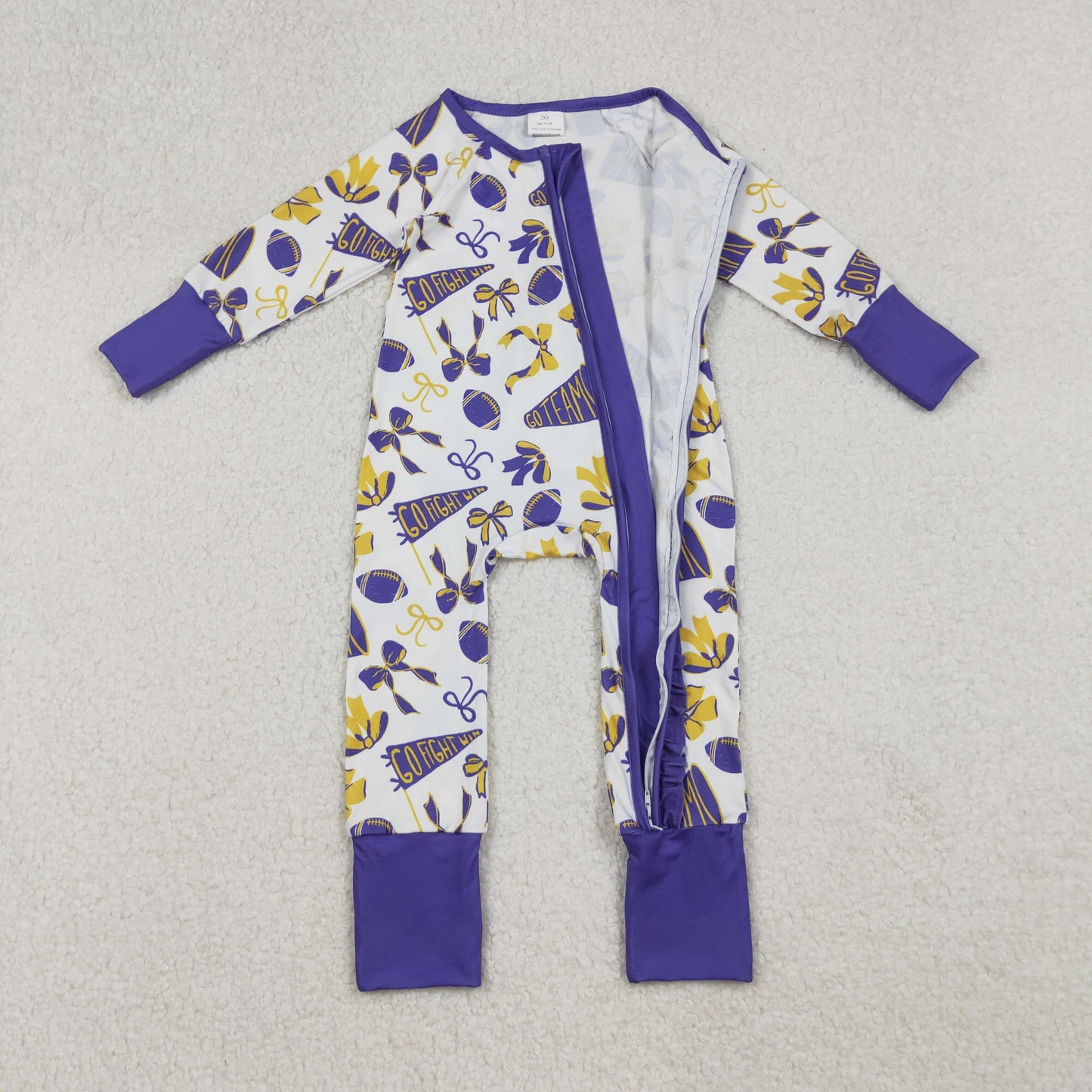 Baby Girl Long Sleeves Football Bows Team Cheer Purple Zipper Romper RTS