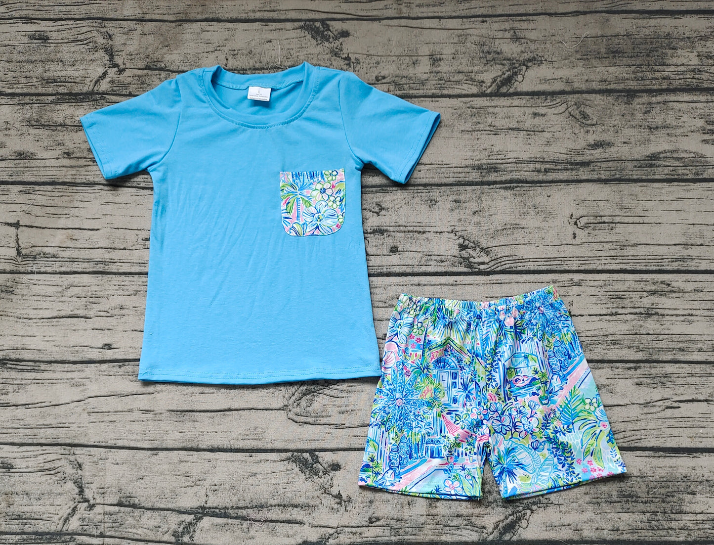 Pre-order Baby Boy Short Sleeves Blue Shirt Floral Shorts Set