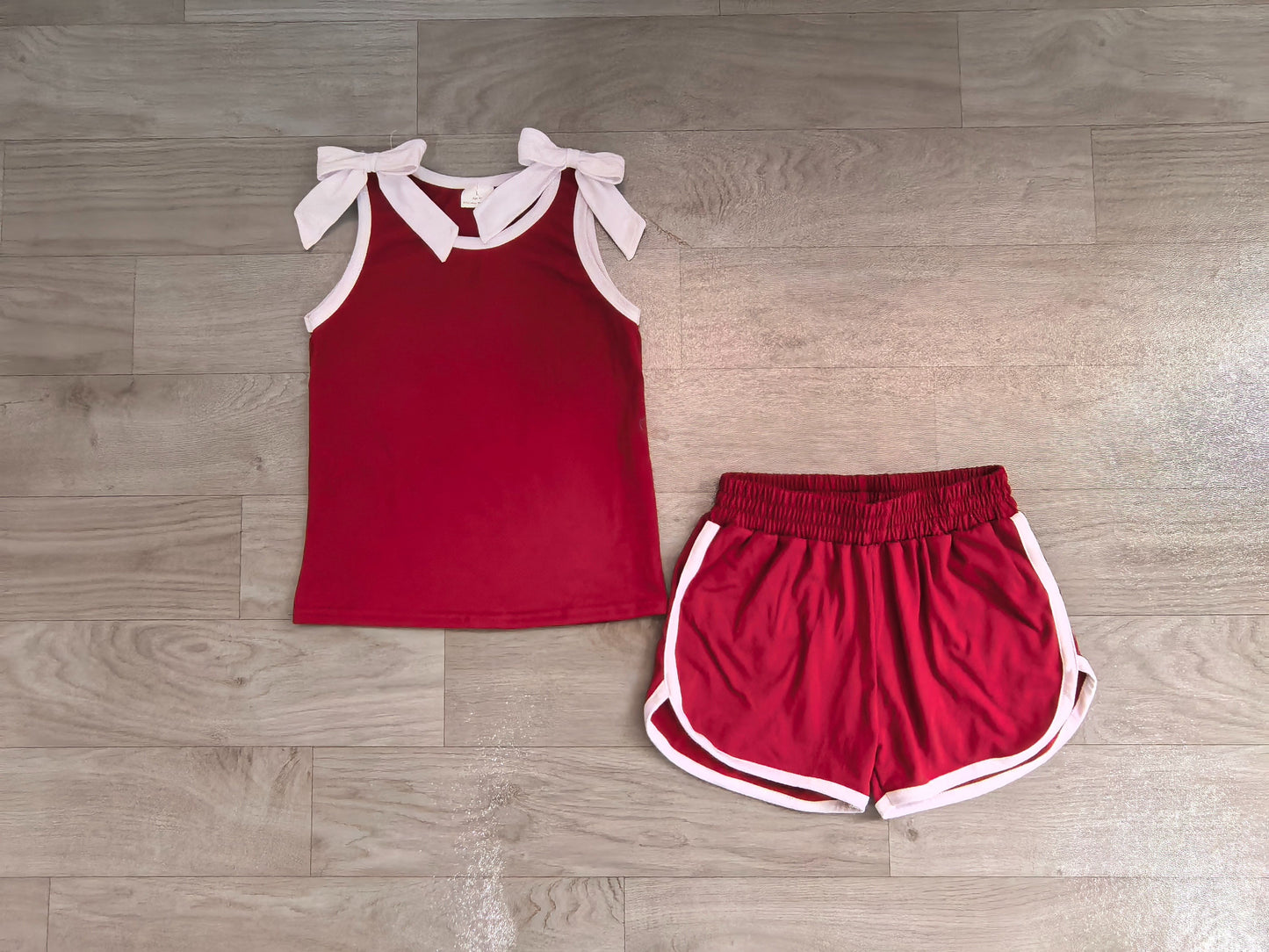 ( No moq ) Preorder Baby Girls Kids Sleeveless Bows Shirt Shorts Dark Red Set Summer Clothes