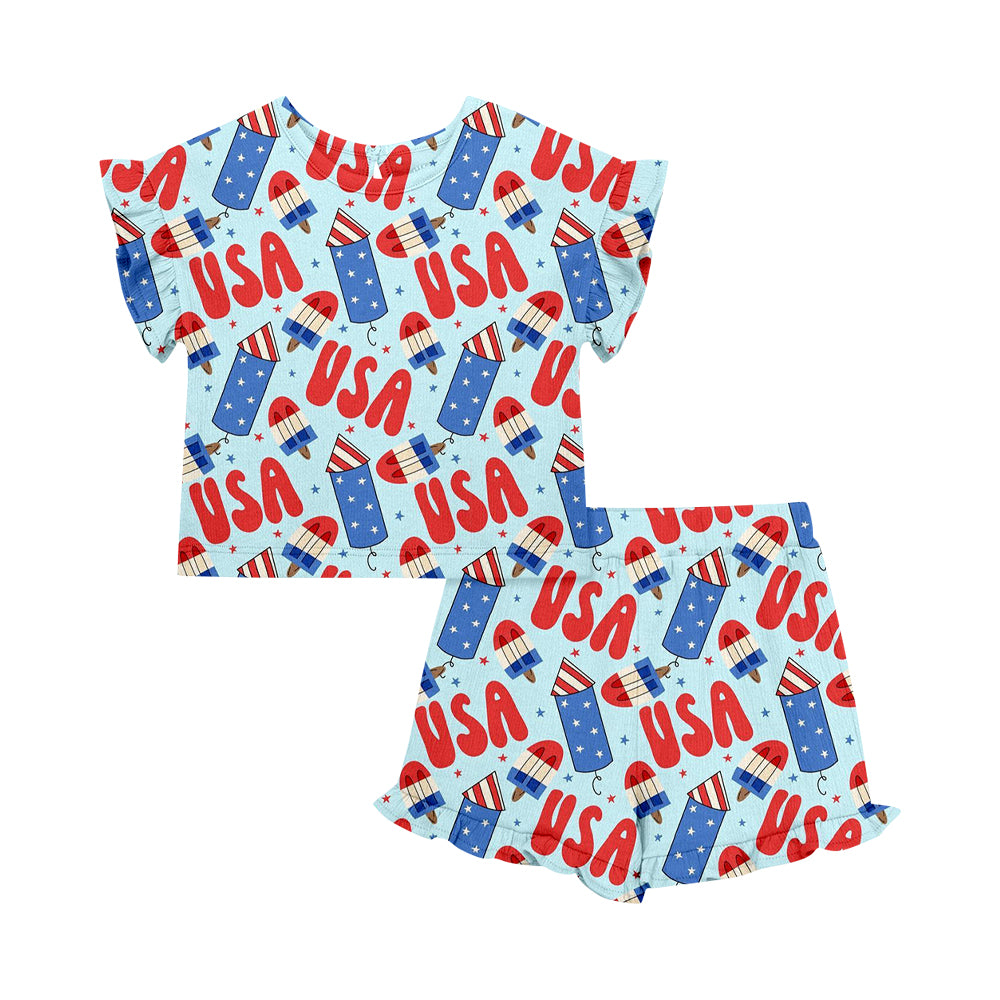 ( Moq 5 Each Style ) Sibling Baby Girls Kids Short Sleeves Popsicle Bows Shirts Shorts 4th of July Sets