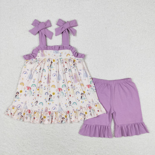 Baby Girl Sleeveless Floral Rainbow Princess Tops Purple Shorts Summer Set