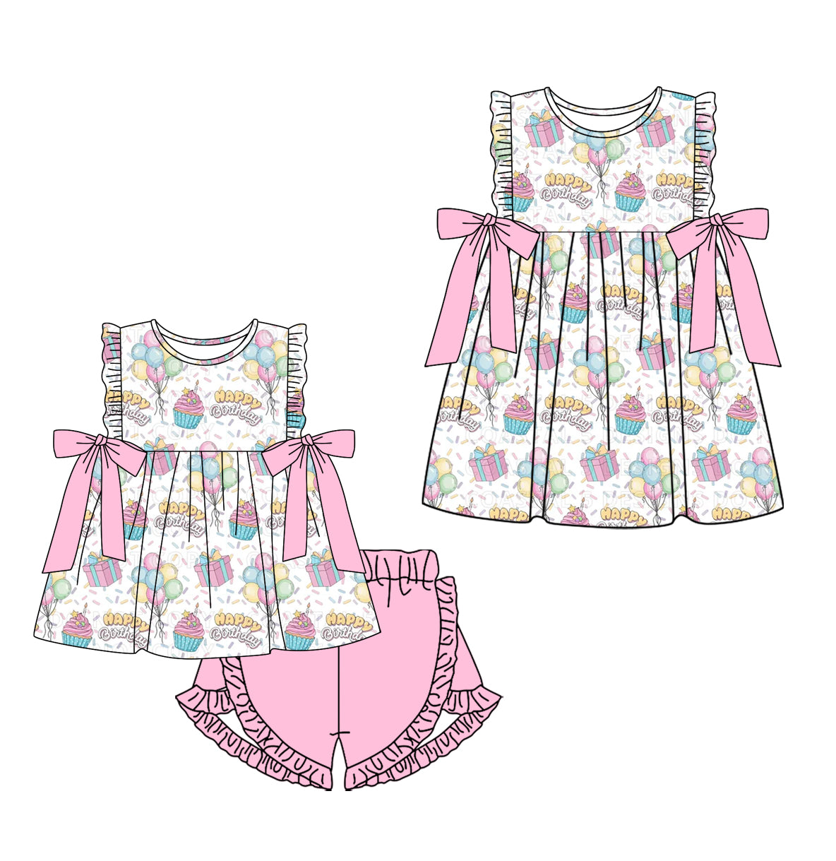 ( Moq 5 Each Style ) Baby Girls Kids Sleeveless Happy Birthday Sibling Dress Set