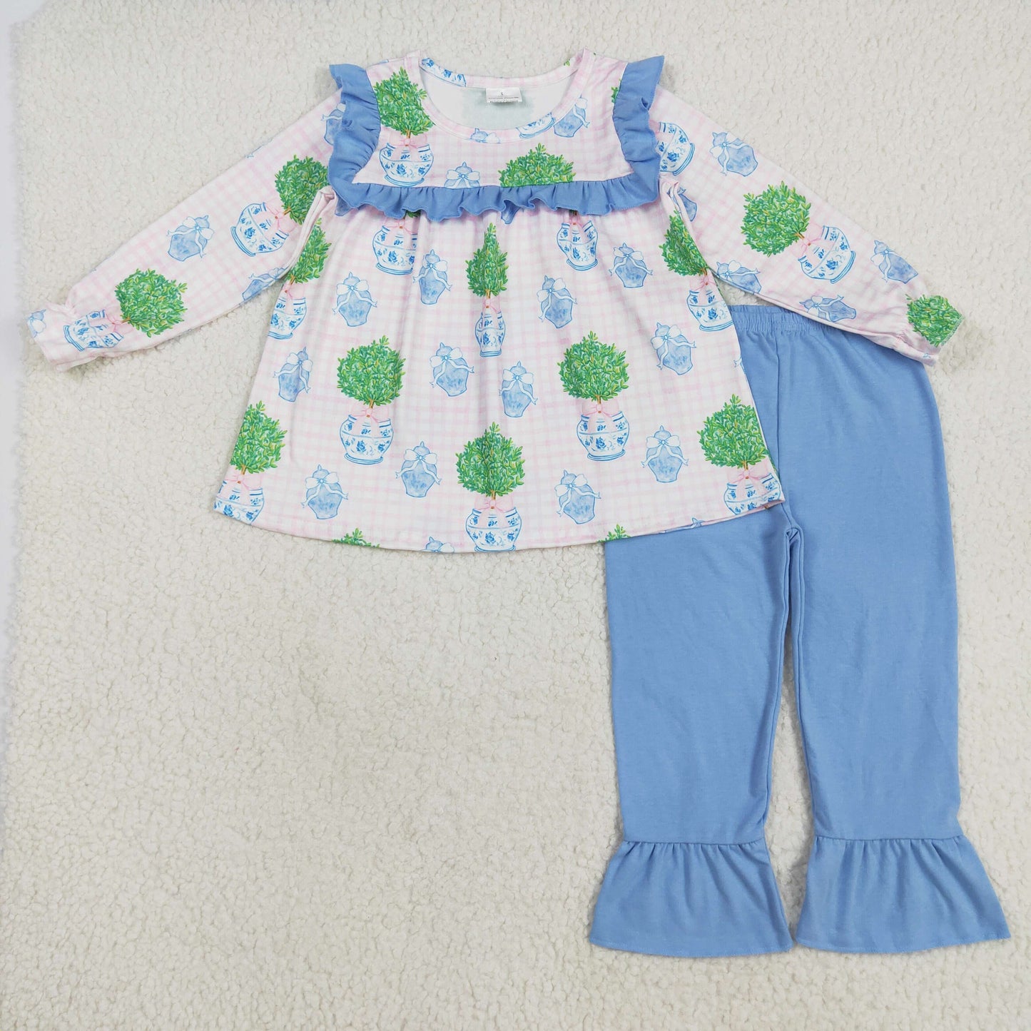 Baby Girl Long Sleeves Flower Plaid Tunic Blue Ruffle Pants Set RTS