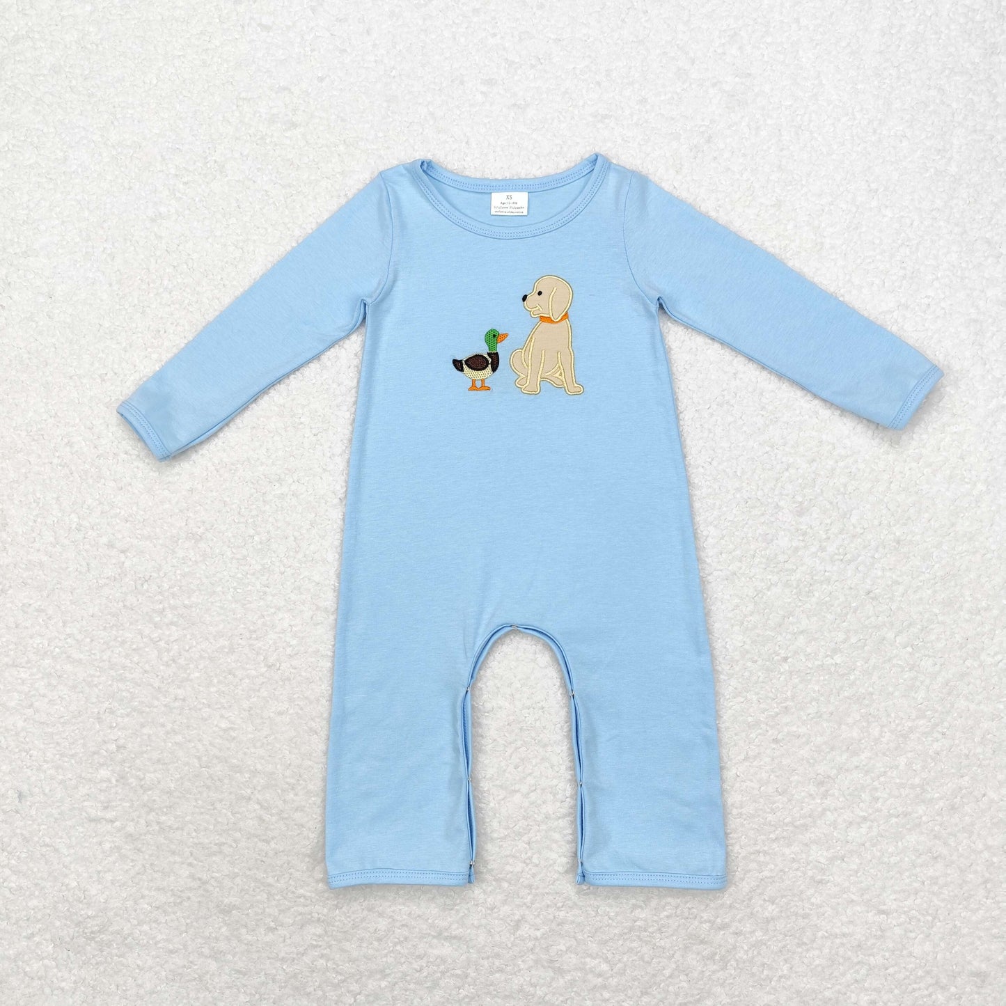 Baby Boy Long Sleeves Embroidery Duck Dog Blue Cotton Romper