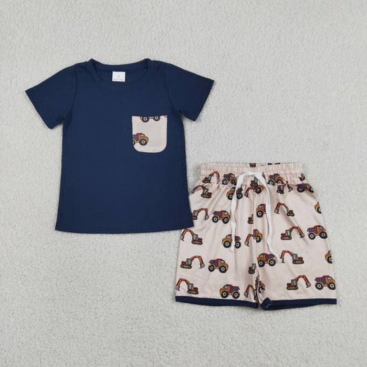 Baby Boy Short Sleeves Pocket Shirt Trucks Digger Shorts Clothes Set RTS