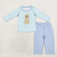 Baby Boy Long Sleeves Stripes Embroidery Dog Shirt Blue Pants Pajamas Set