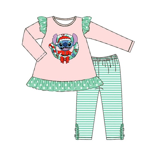 Baby Girl Christmas Cartoon Tunic Green Stripes Set