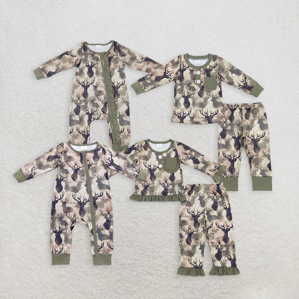 Baby Boy Girl Kids Long Sleeves Deer Green Sibling Romper Set RTS