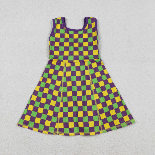 Baby Girls Kids Sleeveless Mardi Gras Checked Yoga Shorts Knee Length Dress RTS