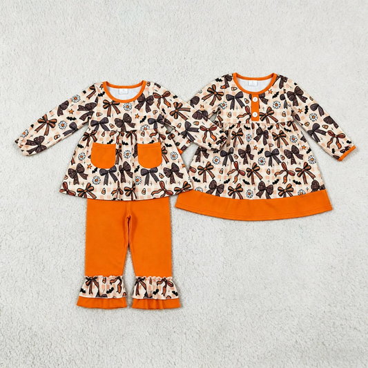 Sibling Baby Girls Kids Bows Flower Candy Pockets Tunic Ruffle Pants Set Halloween Dress Clothes RTS