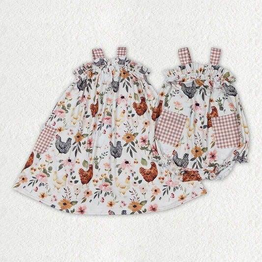 Baby Girl Straps Farm Chicken Flower Sibling Romper Dress RTS