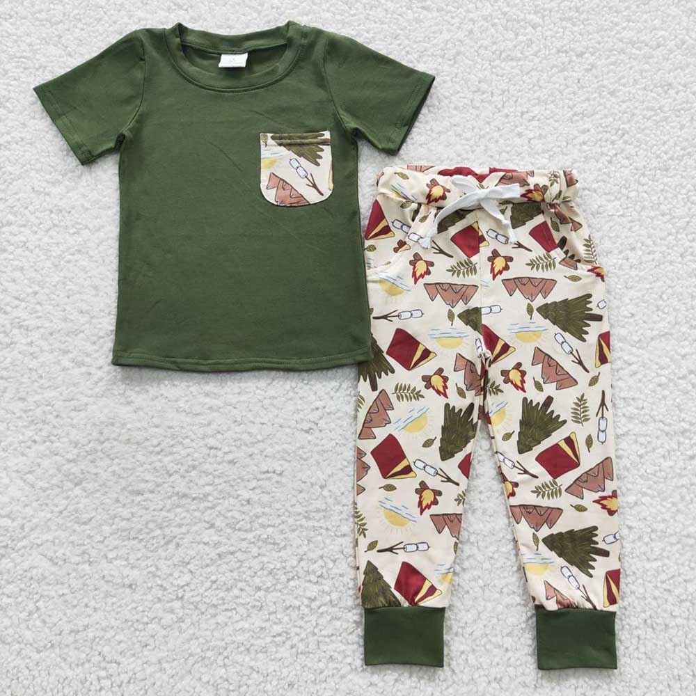 Promotion Baby Boy Short Sleeves Green Shirt Pockets Pants Outfit RTS