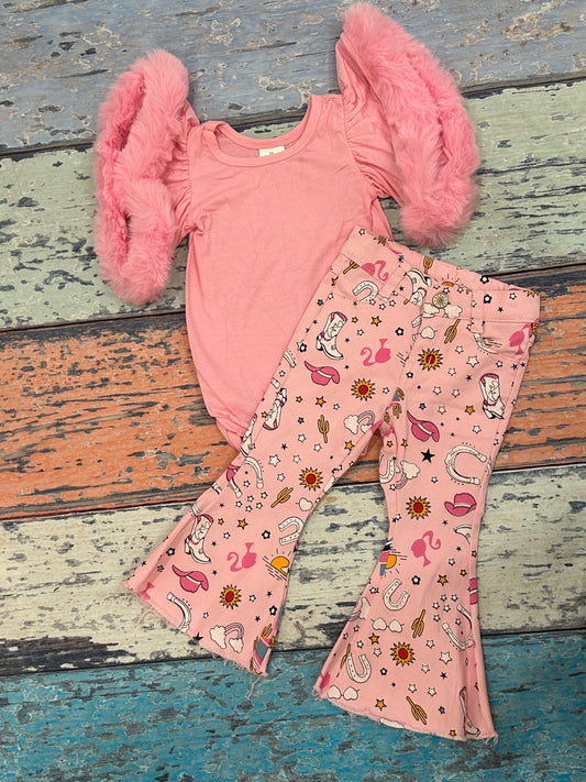 Baby Girl Short Sleeves Pink Velvet Romper Valentines Western Doll Denim Pants Clothes Set