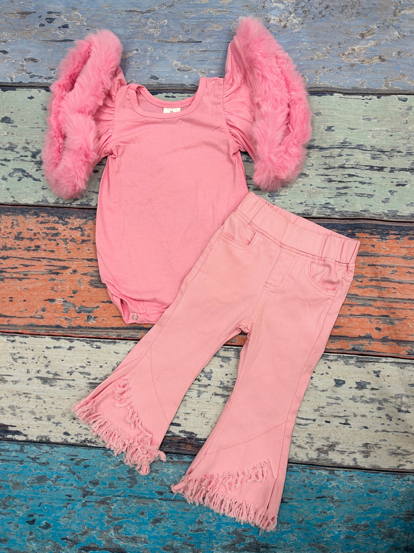 Baby Girl Short Sleeves Velvet Romper Valentines Pink Denim Pants Clothes Set