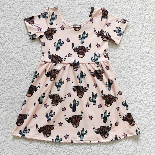 Promotion Baby Girl Western Cow Cactus Short Sleeves Dress