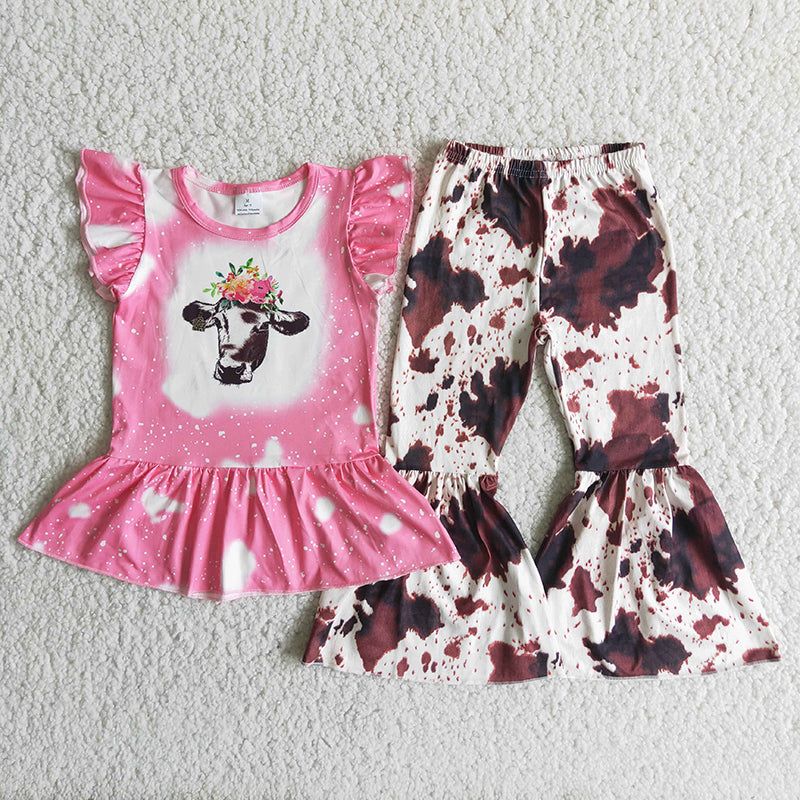 Promotion Baby Girl Pink Tops Cow Print Bell Pants Outfit