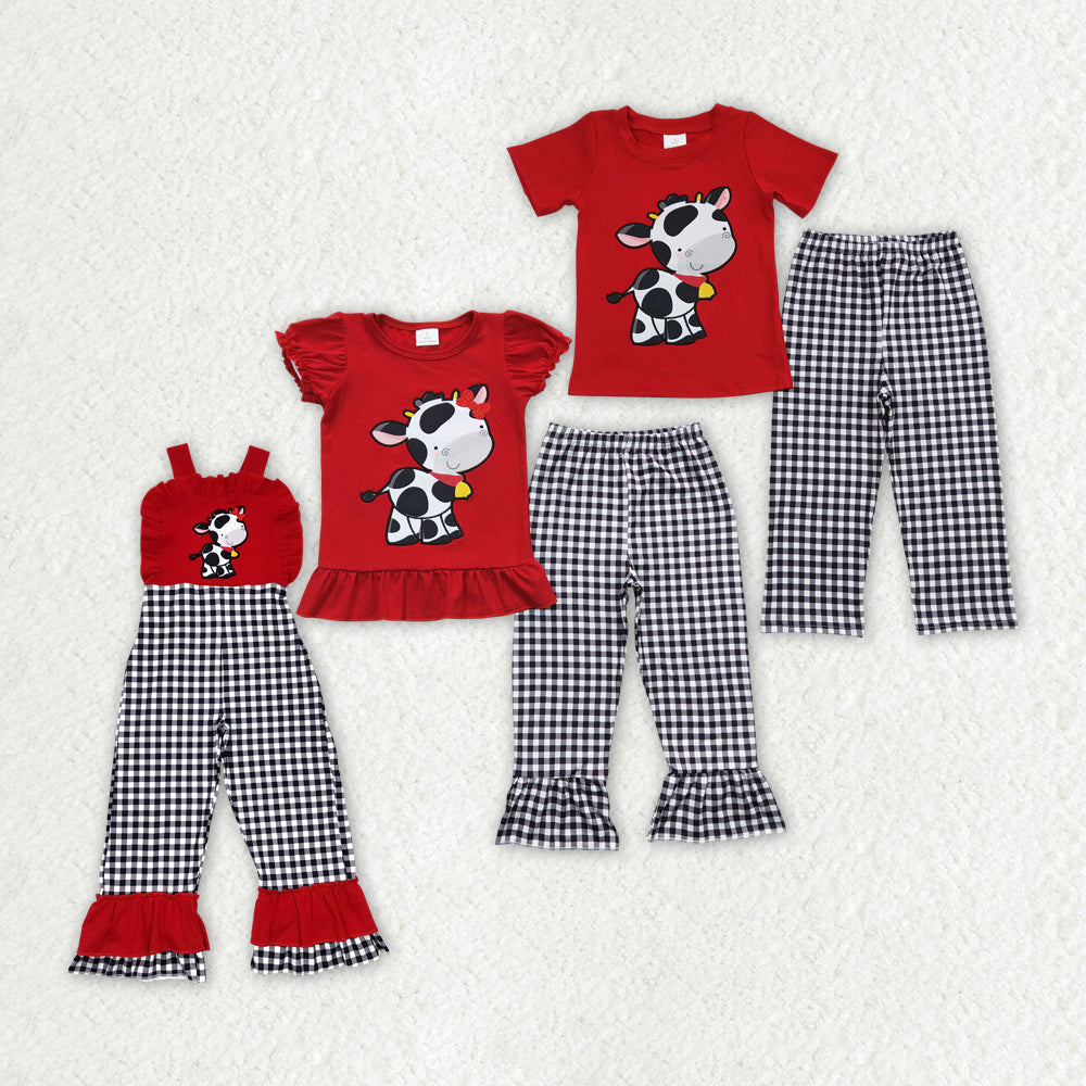 Baby Boy Girl Cow Plaid Embroidery Sibling Clothes Jumpsuit Set